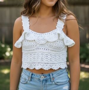 Sea New York White Crochet Ruffle Crop Top